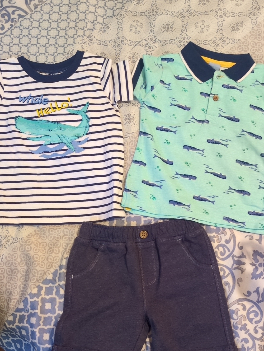 Little Lad 3 PC Whale Graphic Tee/ Polo & Shorts Set Aqua and Navy 18M